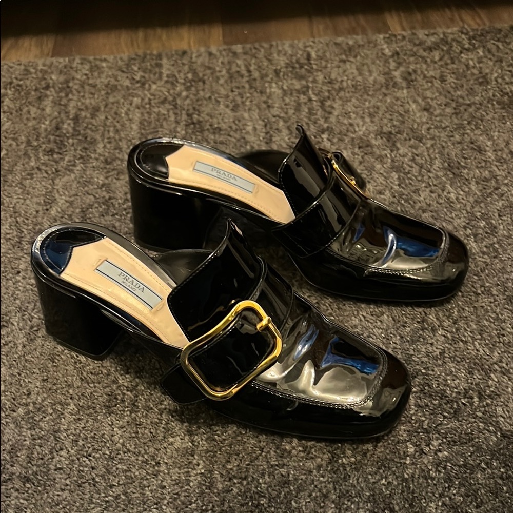 Prada Black and Gold Patent Leather Mules